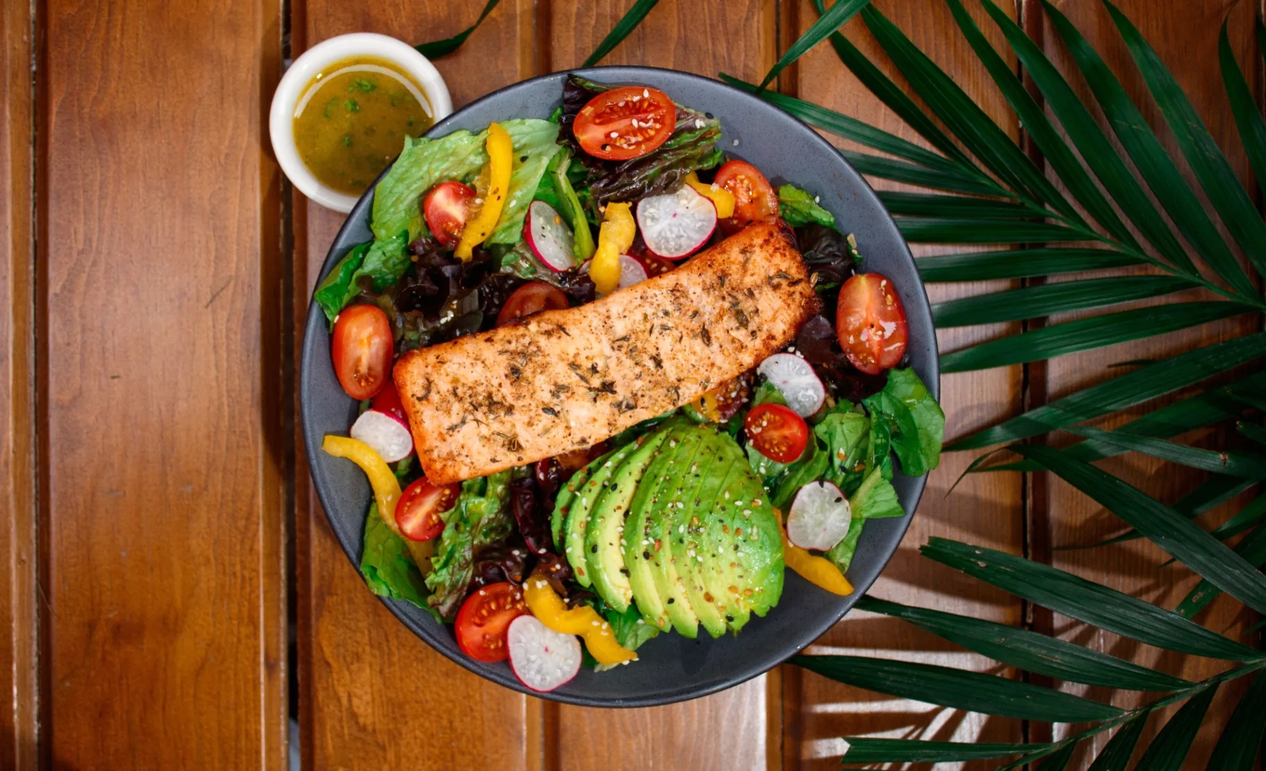 Gesunder Teller mit Lachs, Avocado und Salat als alltagstaugliche Mahlzeit